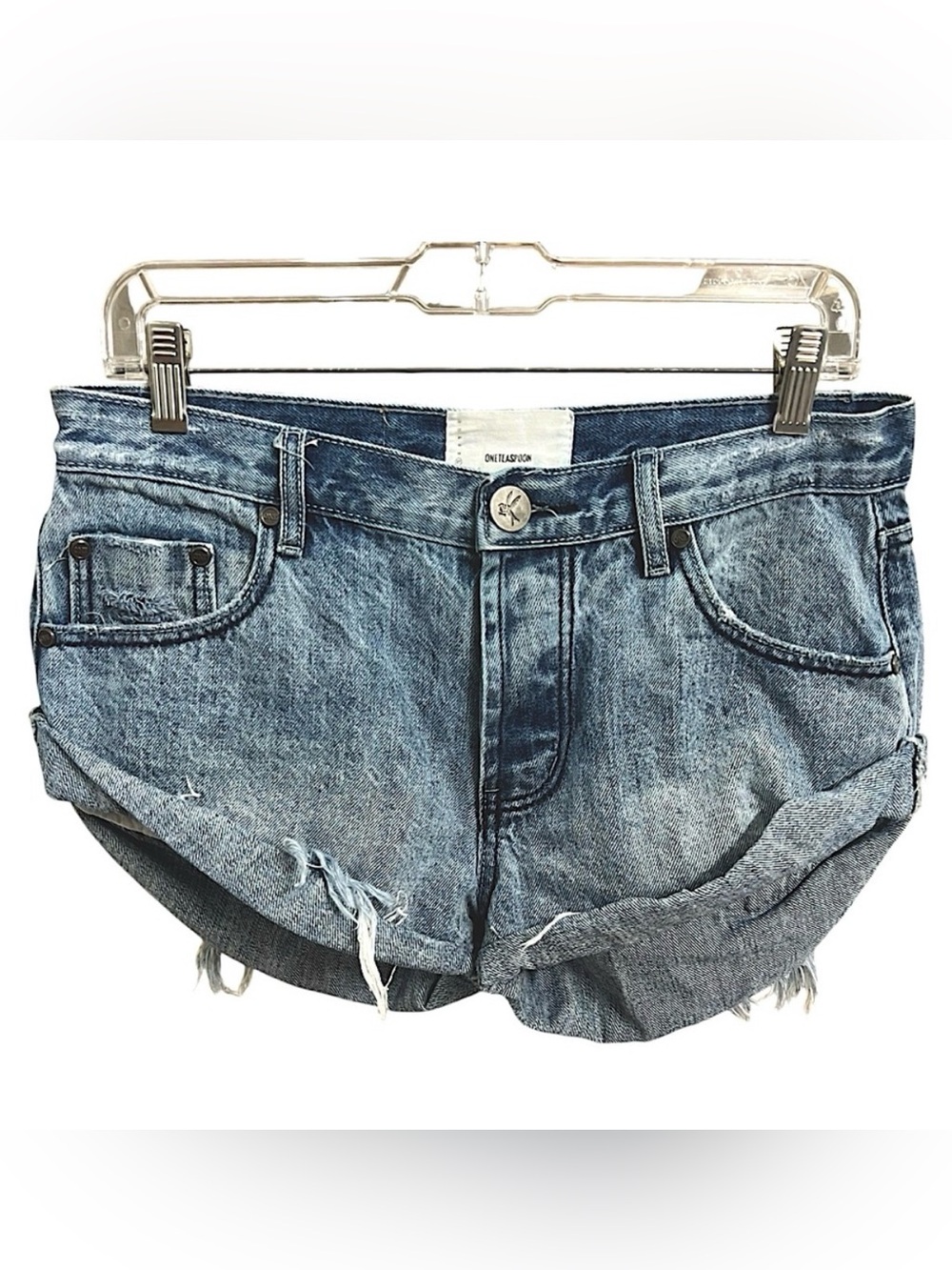 One Teaspoon Womens Button Fly Medium Wash Distressed Cuffed Denim Shorts 27